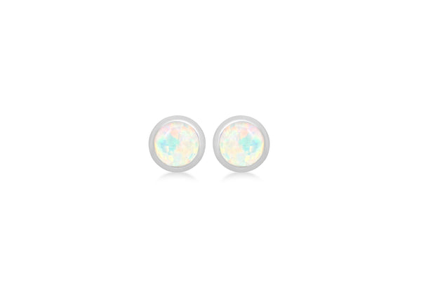 Sterling Silver White Cabochon Synthetic Opal Otober Birthstone Stud Earrings