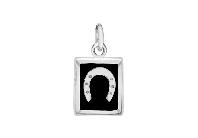 Sterling Silver Rectangular Black Enamel Horseshoe Pendant