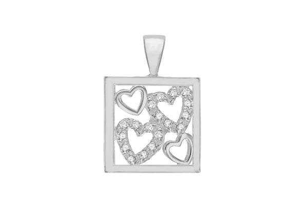 Sterling Silver Zirconia  17mm x 24.7mm Framed Hearts Pendant