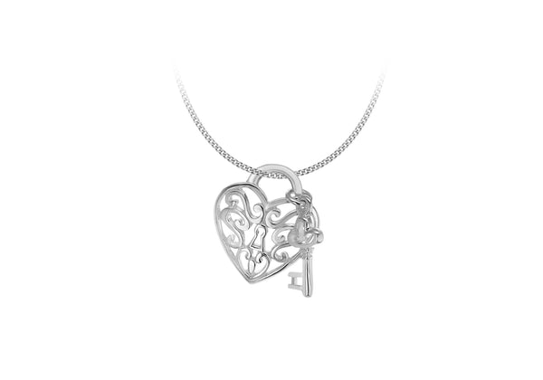 Sterling Silver Filigree Heart Padlock & Key Pendant