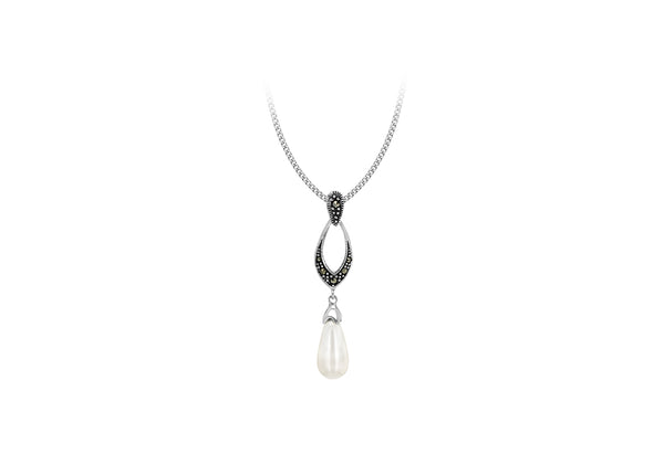 Sterling Silver Marcasite and Synthetic Pearl Pendant