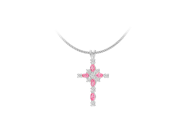 Sterling Silver Pink and White Zirconia  Ornate Cross Pendant