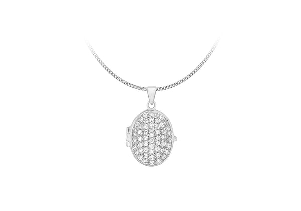 Sterling Silver Zirconia  Pave Set 18mm x 38mm Oval Locket