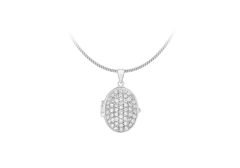 Sterling Silver Zirconia  Pave Set 18mm x 38mm Oval Locket