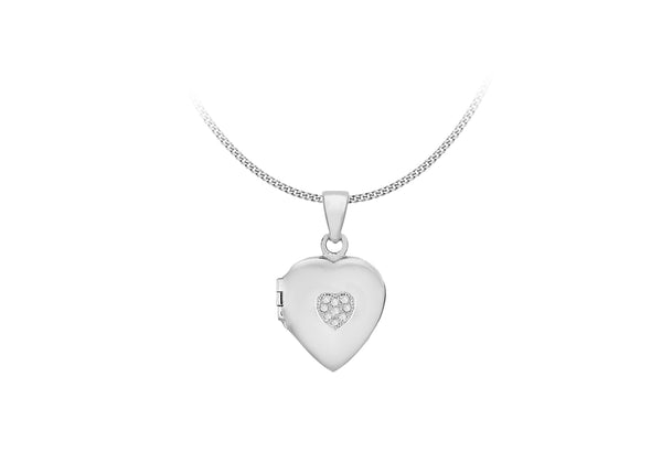 Sterling Silver Rhodium Plated Zirconia  17mm x 20mm Heart Locket Pendant