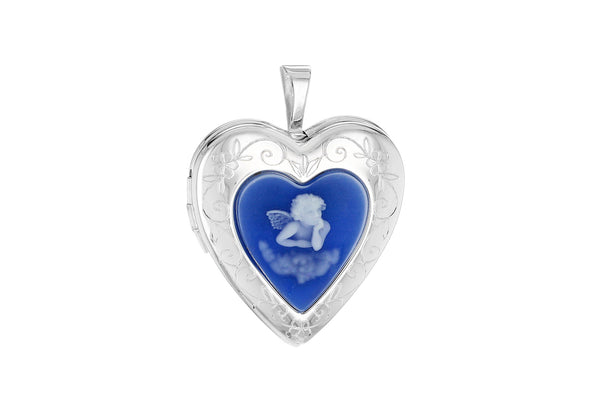 Sterling Silver Blue Cameo Cherub Heart Locket