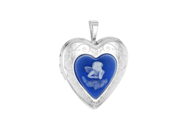 Sterling Silver Blue Cameo Cherub Heart Locket