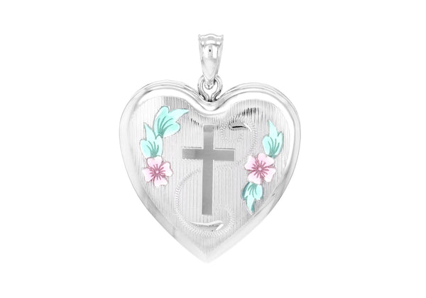 Sterling Silver Large Etched  Cross and Rose Heart Locket