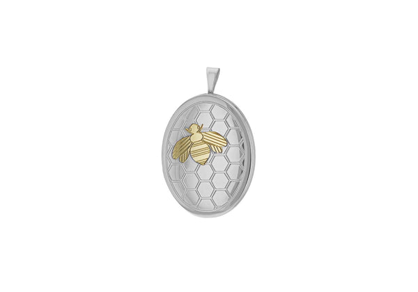 Sterling Silver 2-Tone 20.5mm x 31.8mm Polished and Satin Honeyomb and Bee Oval Locket