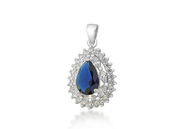 Sterling Silver Blue & White Zirconia  Stone Set Cluster Teardrop Pendant