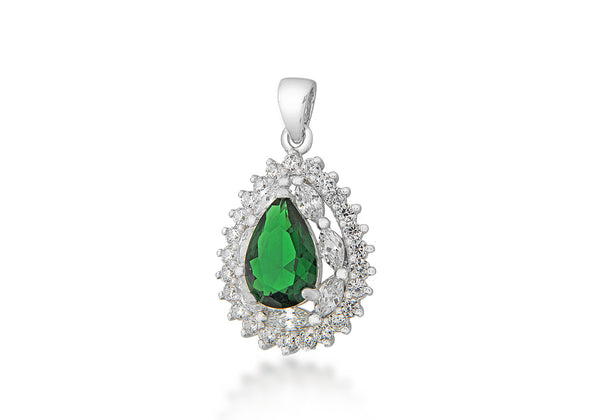 Sterling Silver Green & White Zirconia  Stone Set Cluster Teardrop Pendant