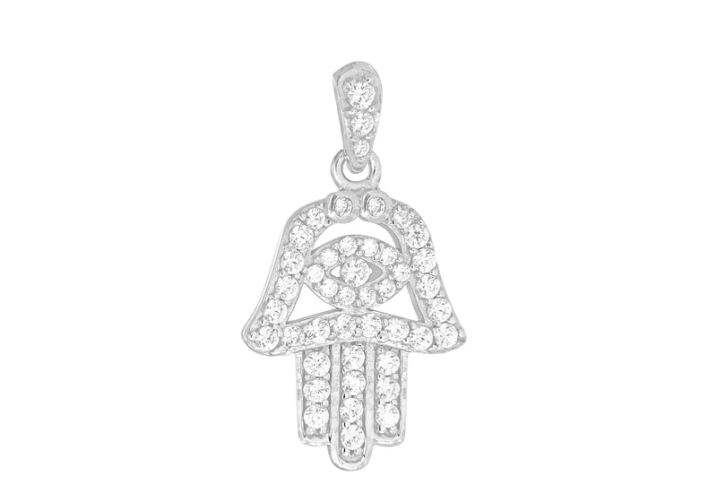 Sterling Silver Rhodium Plated Zirconia  12mm x 17mm Hamsa Hand Pendant