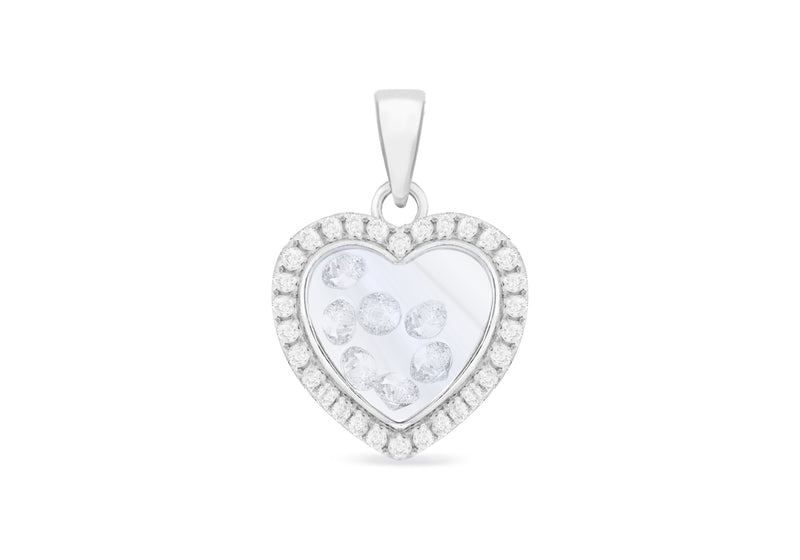 Sterling Silver Rhodium Plated Floating Zirconia  Stones Heart Pendant