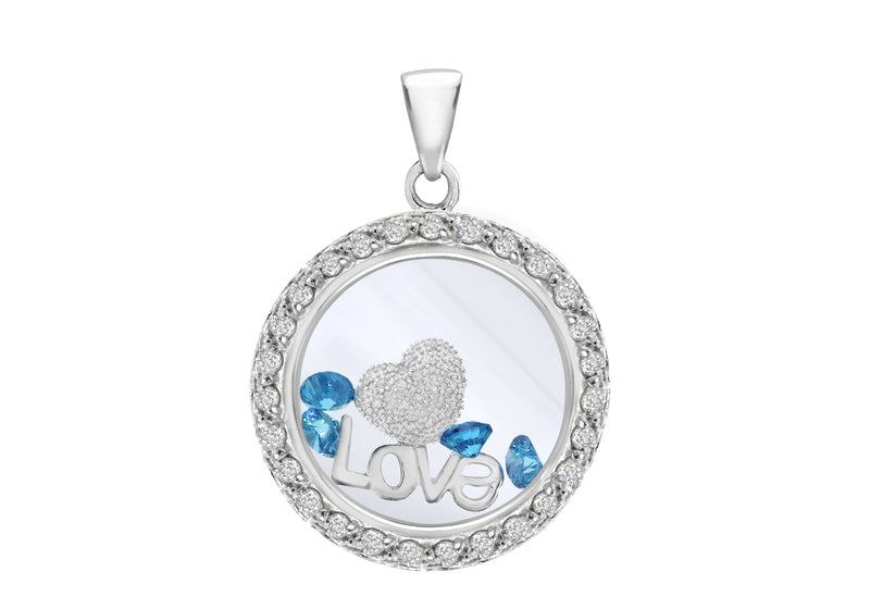 Sterling Silver Floating Blue Topaz Zirconia  Stones 'Love' Round Pendant