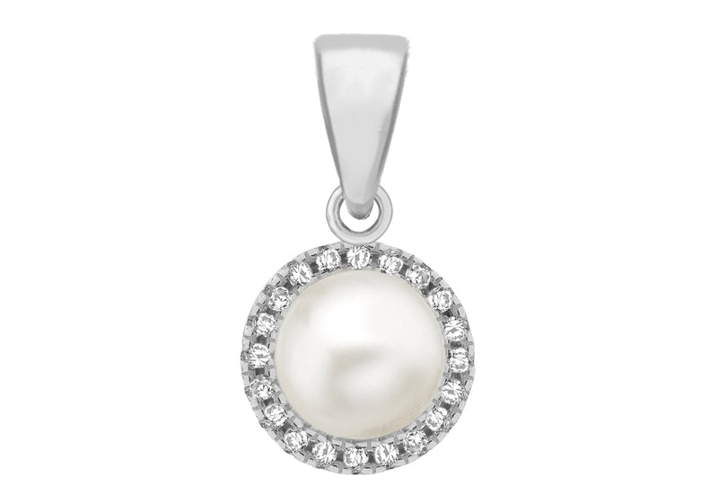 Sterling Silver Rhodium Plated Zirconia  and Fresh Water Pearl 9.4mm x 17.5mm Pendant