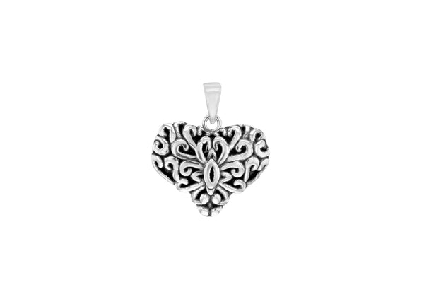 Sterling Silver Oxidised  Antique-Style Patterned Heart Pendant