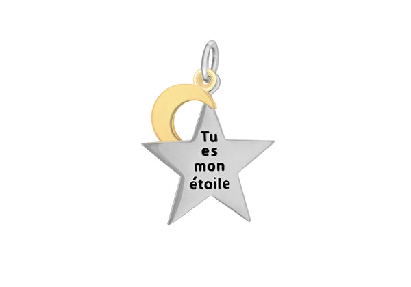 Sterling Silver 2-Tone 21mm x 28.5mm 'Tu es mon etoile' Star and Moon Pendant