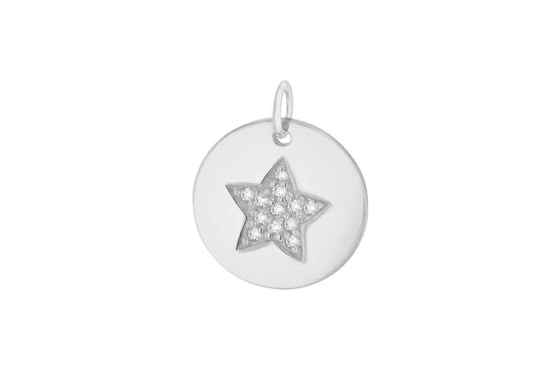 Sterling Silver Rhodium Plated Zirconia  Star 15mm Disc Pendant