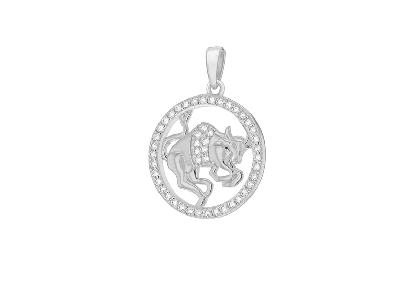 Sterling Silver Rhodium Plated Zirconia  19.3mm x 26.5mm Taurus Horoscop Round Pendant