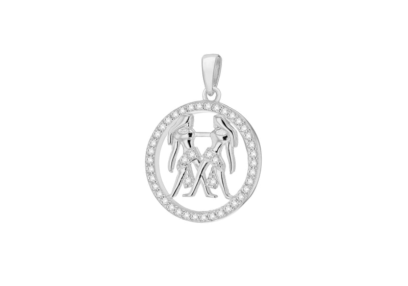 Sterling Silver Rhodium Plated Zirconia  19.3mm x 26.5mm Gemini Horoscop Round Pendant