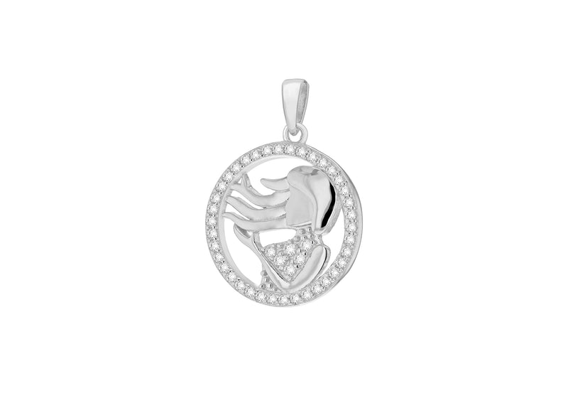 Sterling Silver Rhodium Plated Zirconia  19.3mm x 26.5mm Virgo Horoscop Round Pendant