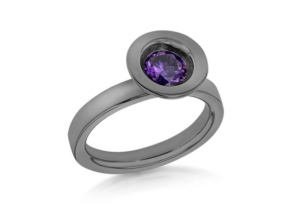 Sterling Silver Black Rhodium Plated Round Purple Zirconia  Stacking Ring