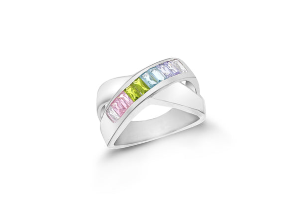 Sterling Silver Multicoloured Zirconia Crossover Ring 