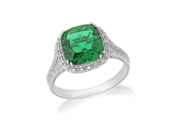 Sterling Silver Rhodium Plated Square Green and White Zirconia  Ring