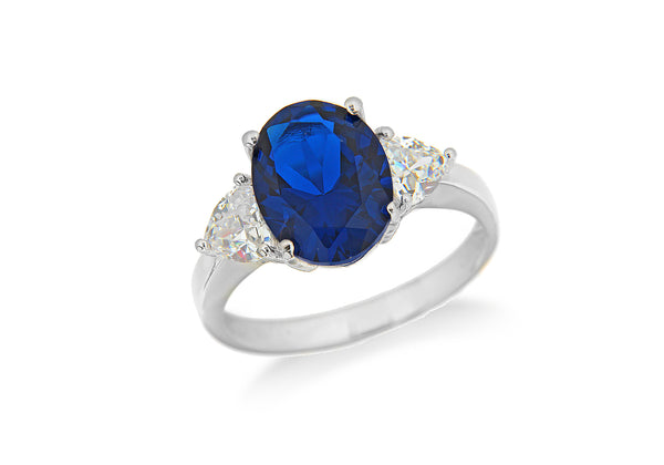 Sterling Silver Rhodium Plated Blue and White Zirconia  Oval Ring