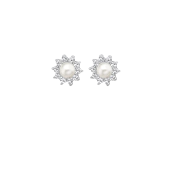 Sterling Silver Freshwater Pearl & White Zirconia Cluster Stud Earrings