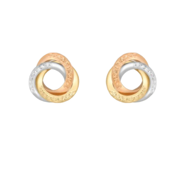 9ct 3-Colour Gold Diamond Cut Linked Rings Stud Earrings