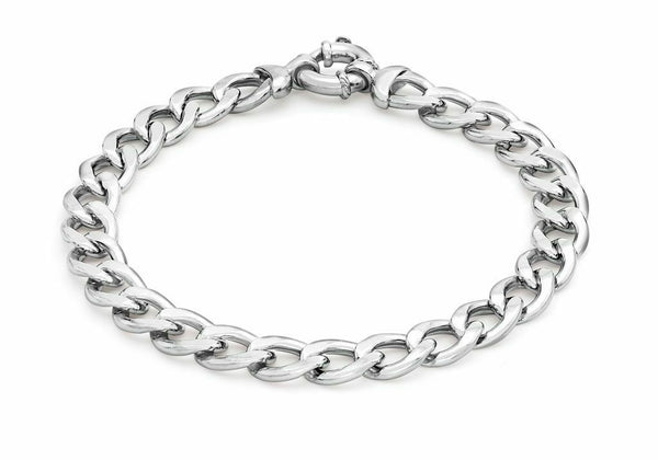 9ct White Gold 200 Large Spring Ring Flat Curb Chain Bracelet